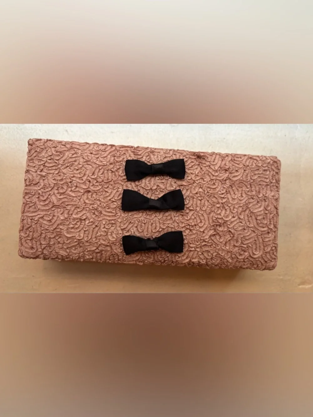 Anthropologie Pink Fabric Jewelry Box w Mirror Ring Holder Vintage Bow Detail
